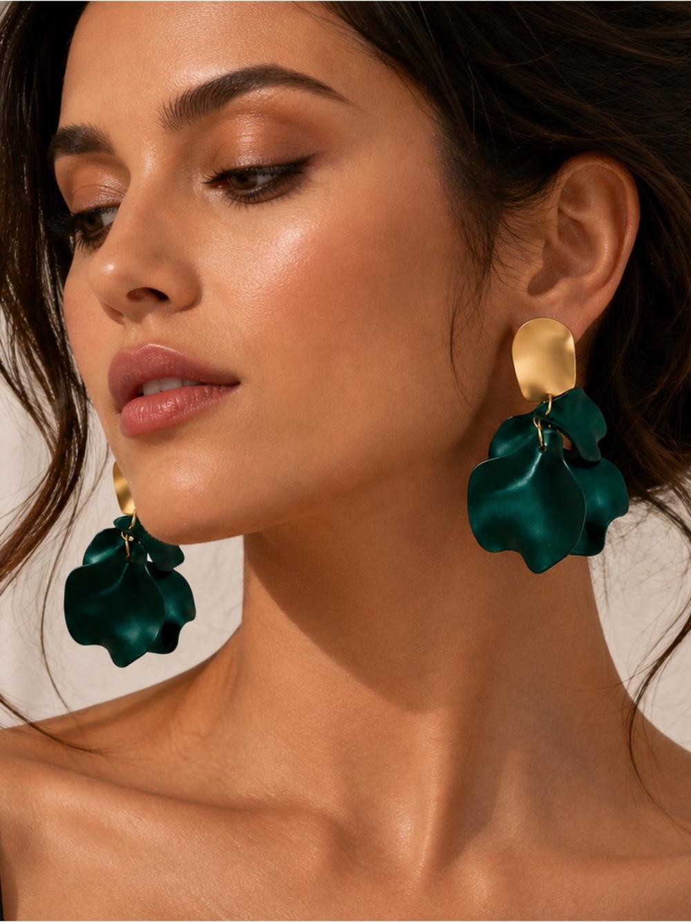 Gold & Emerald Green Petal Drop Earrings